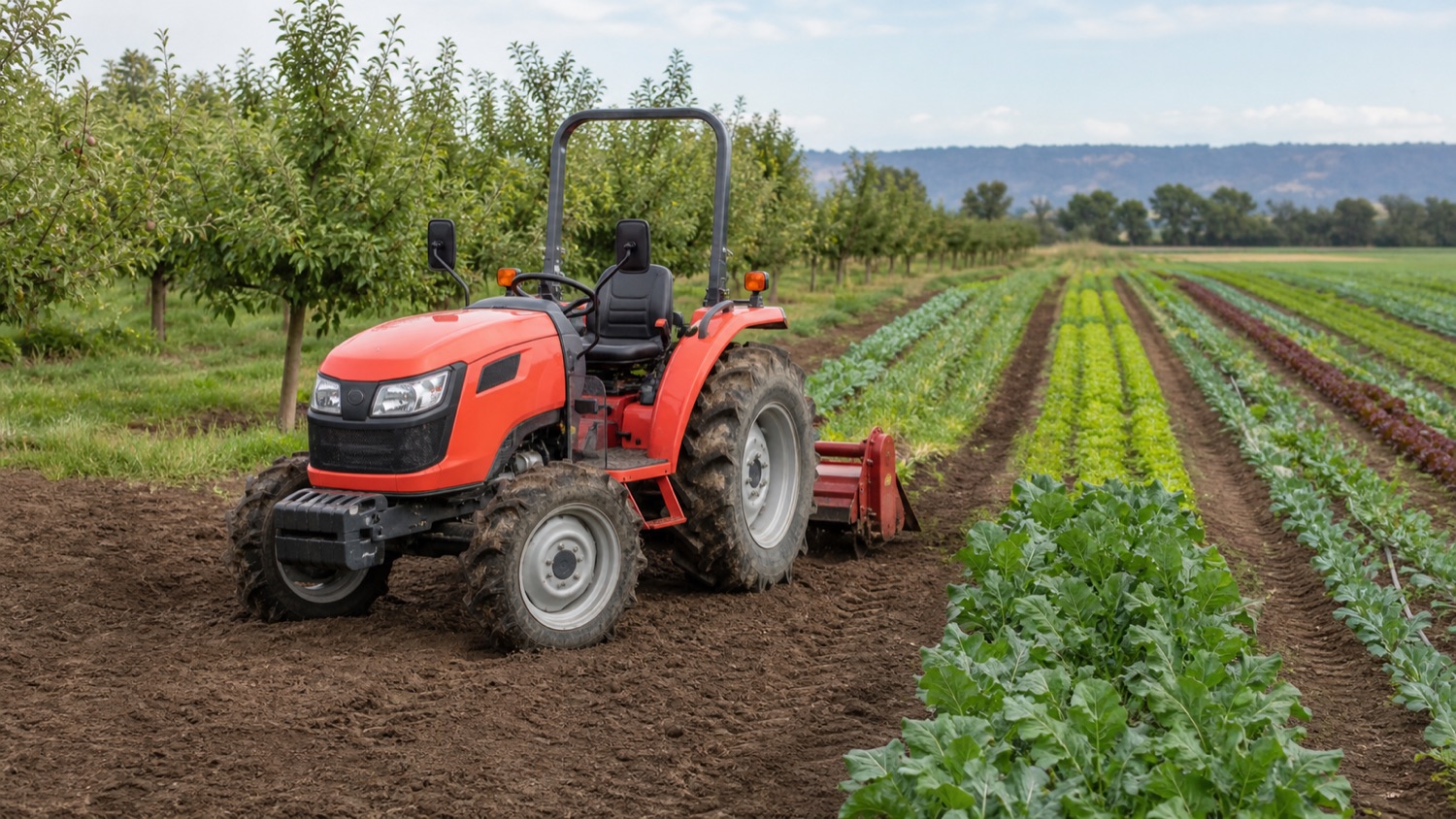 Illustration of a 30-50 HP tractor working on a mixed farm with orchard rows and vegetables