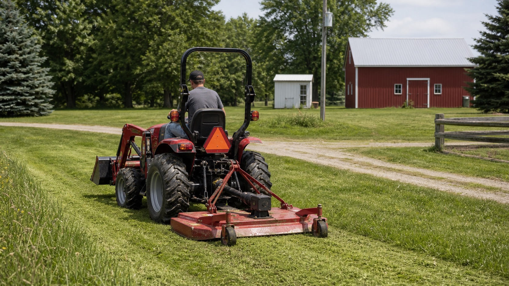 Compact tractor with rear mower for property maintenance
