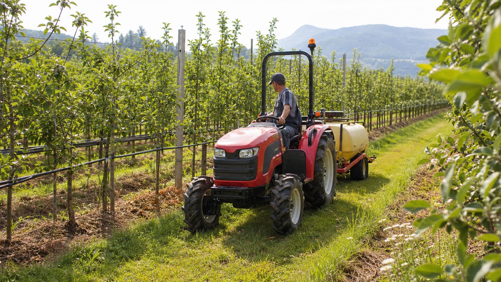 Compact tractor working between orchard rows