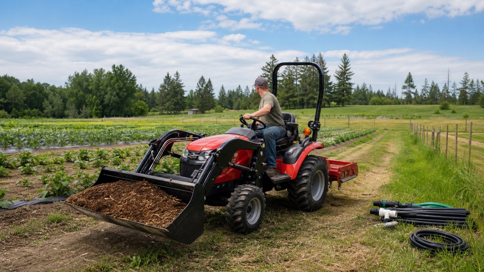 Mini tractor with front loader for small farm work