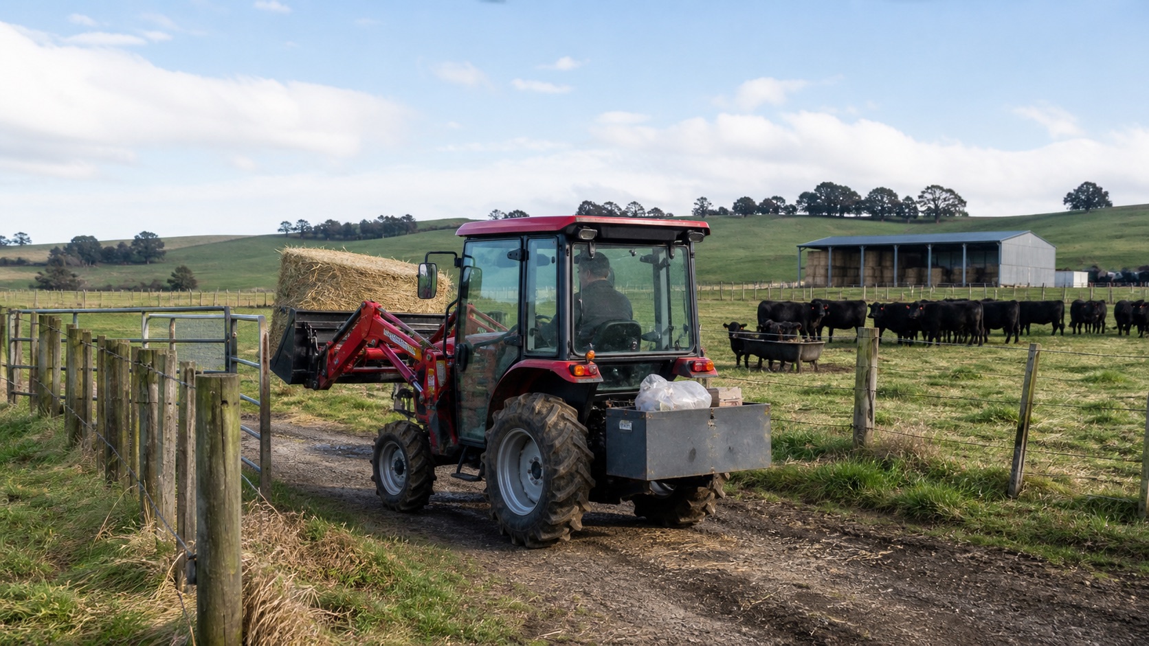 Small farm tractor handling hay on a livestock farm